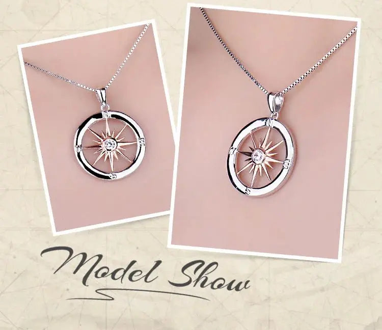 Sun Star Compass Necklace Circle Rose Gold Cubic Zirconia Pendant - Blade & Thread