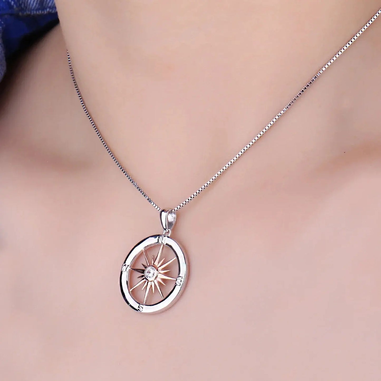 Sun Star Compass Necklace Circle Rose Gold Cubic Zirconia Pendant - Blade & Thread