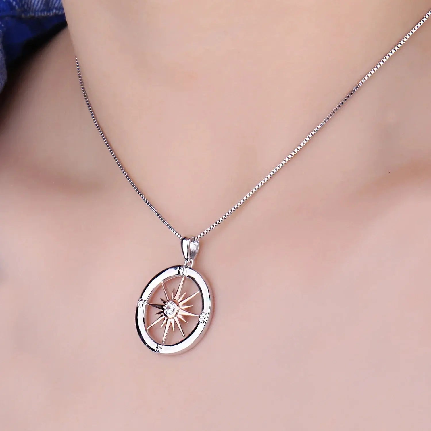 Sun Star Compass Necklace Circle Rose Gold Cubic Zirconia Pendant - Blade & Thread