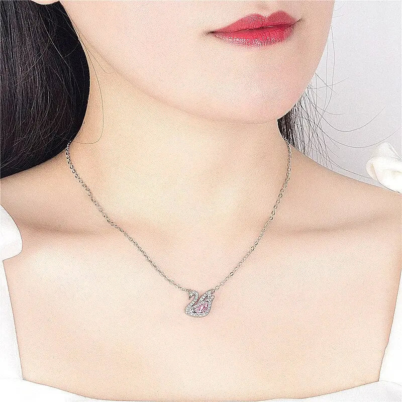 Swan Pink Crystal Zircon Diamonds Gemstones Pendant Necklaces nowadaysfashion