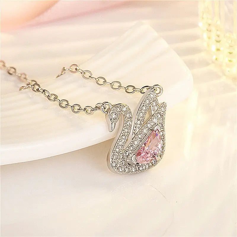 Swan Pink Crystal Zircon Diamonds Gemstones Pendant Necklaces nowadaysfashion