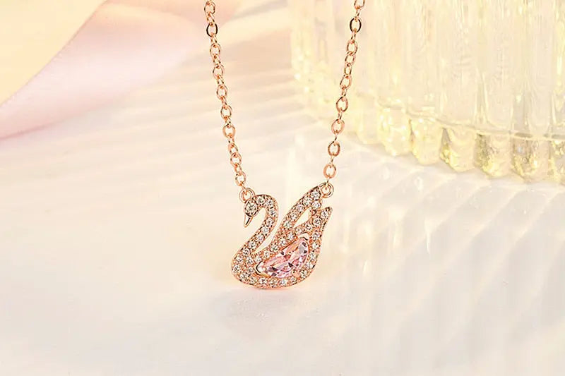 Swan Pink Crystal Zircon Diamonds Gemstones Pendant Necklaces nowadaysfashion