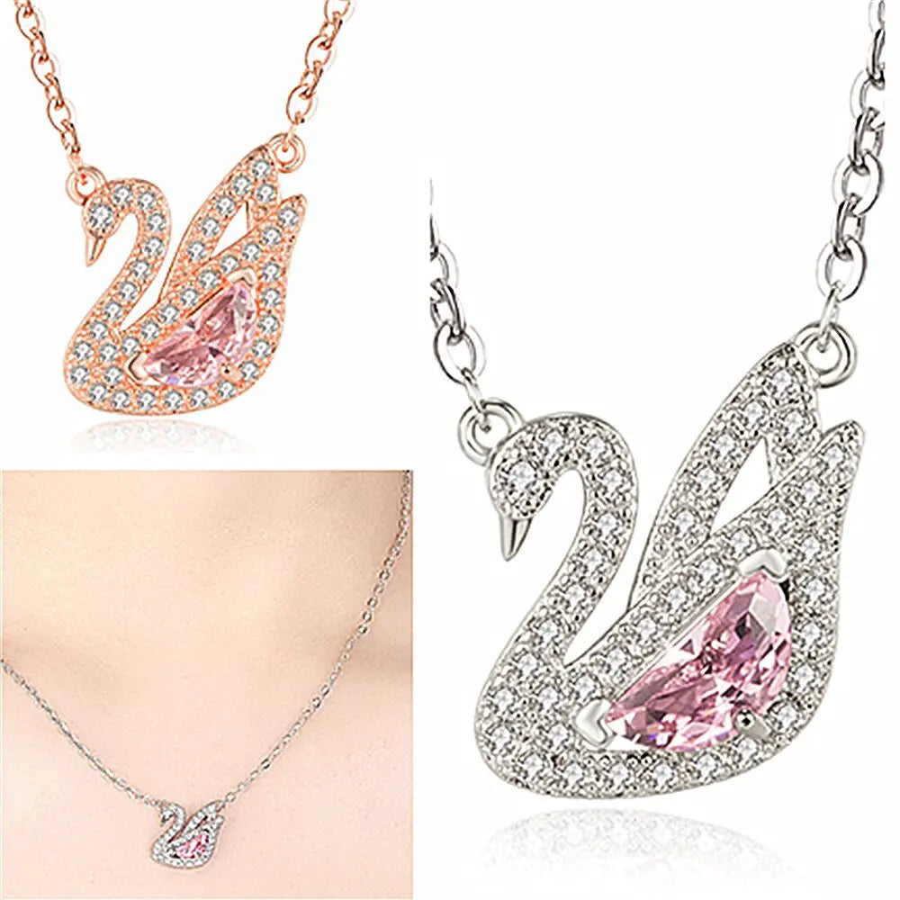 Swan Pink Crystal Zircon Diamonds Gemstones Pendant Necklaces nowadaysfashion