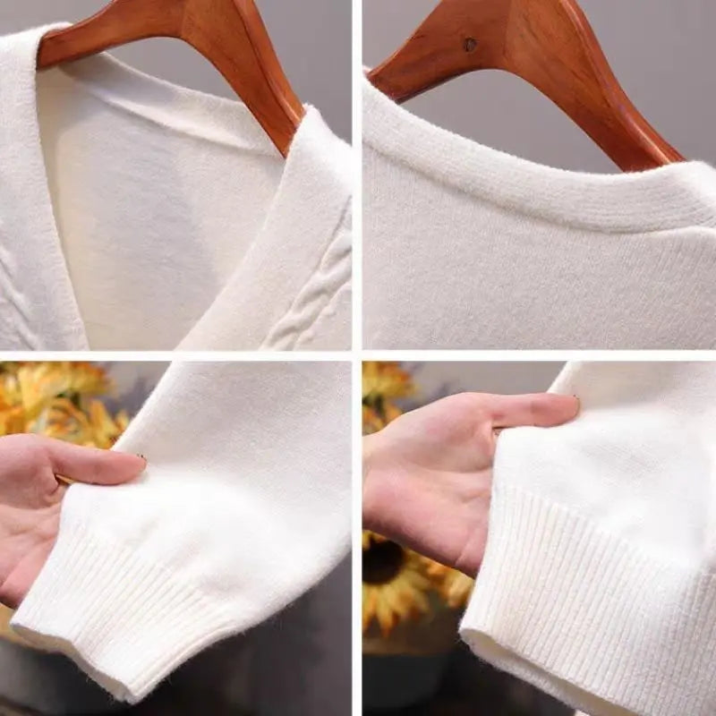 Sweater Cardigan Women Autumn Winter V Neck Pearl Single Breasted Loose Short Thicken Sweater Top - Blade & Thread