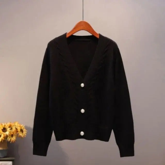 Sweater Cardigan Women Autumn Winter V Neck Pearl Single Breasted Loose Short Thicken Sweater Top - Blade & Thread