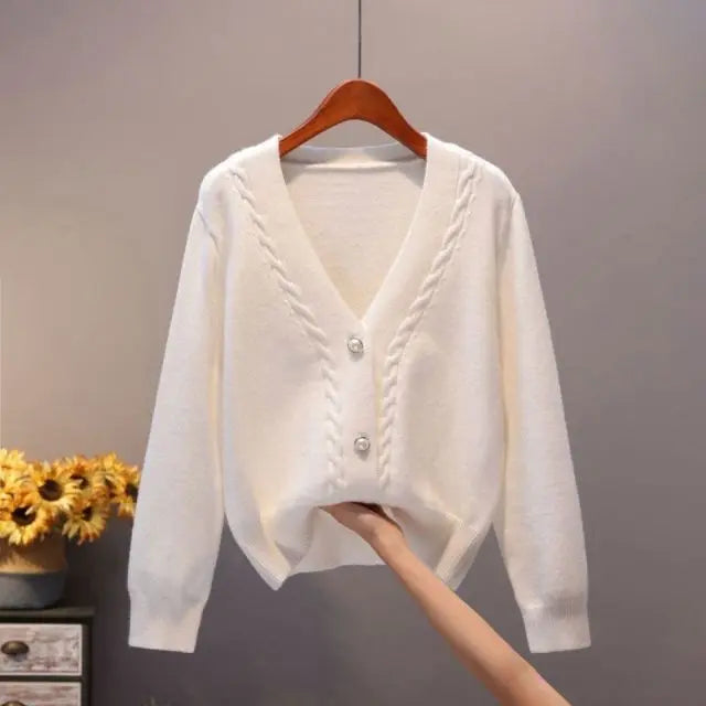 Sweater Cardigan Women Autumn Winter V Neck Pearl Single Breasted Loose Short Thicken Sweater Top - Blade & Thread