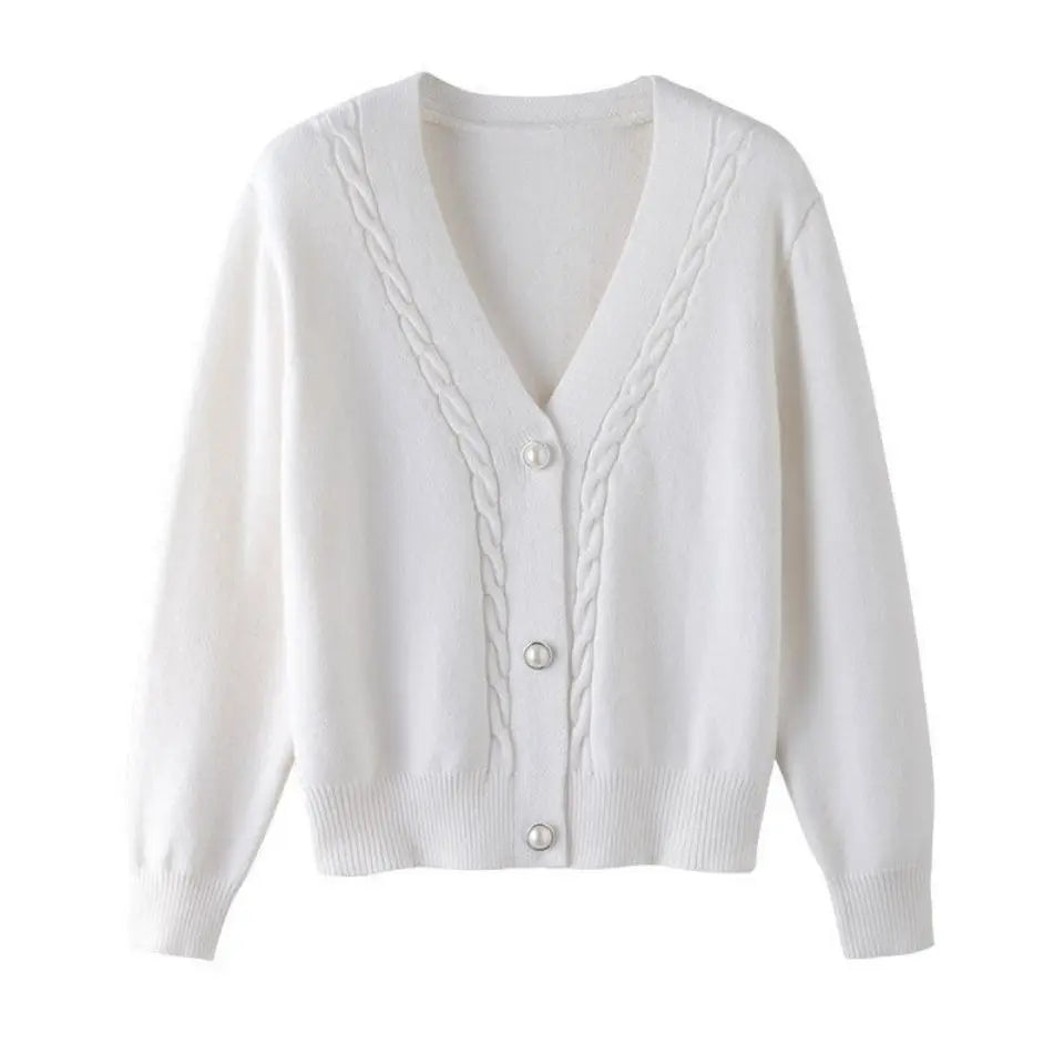 Sweater Cardigan Women Autumn Winter V Neck Pearl Single Breasted Loose Short Thicken Sweater Top - Blade & Thread