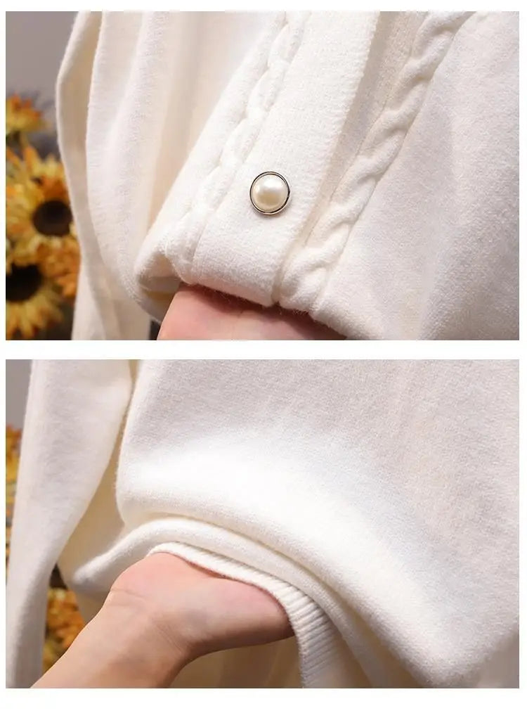 Sweater Cardigan Women Autumn Winter V Neck Pearl Single Breasted Loose Short Thicken Sweater Top - Blade & Thread
