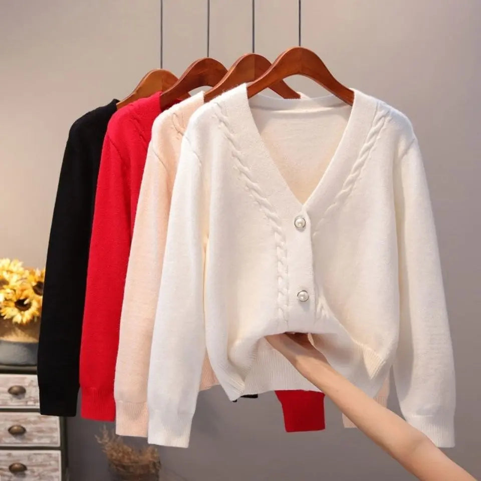 Sweater Cardigan Women Autumn Winter V Neck Pearl Single Breasted Loose Short Thicken Sweater Top - Blade & Thread