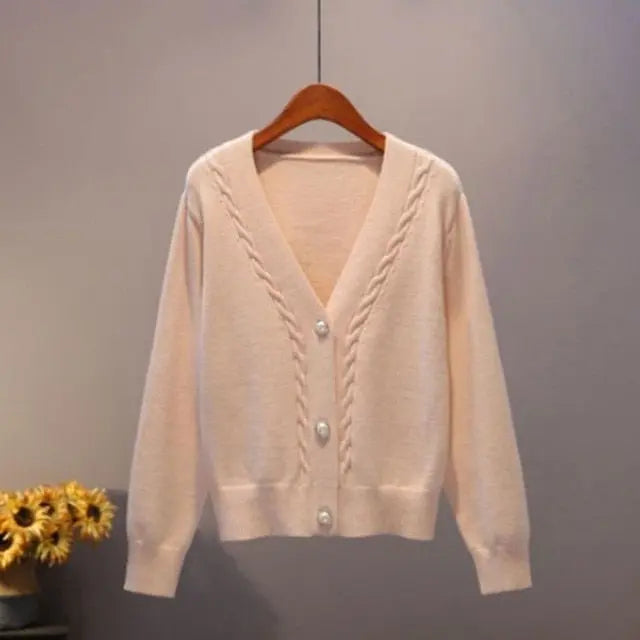 Sweater Cardigan Women Autumn Winter V Neck Pearl Single Breasted Loose Short Thicken Sweater Top nowadaysfashion