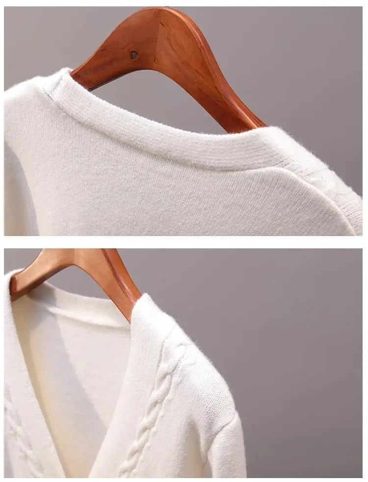 Sweater Cardigan Women Autumn Winter V Neck Pearl Single Breasted Loose Short Thicken Sweater Top - Blade & Thread