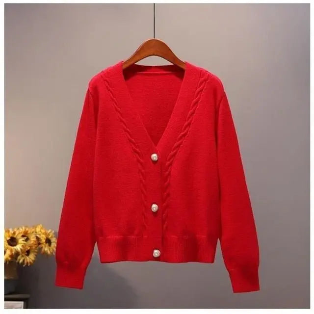 Sweater Cardigan Women Autumn Winter V Neck Pearl Single Breasted Loose Short Thicken Sweater Top - Blade & Thread