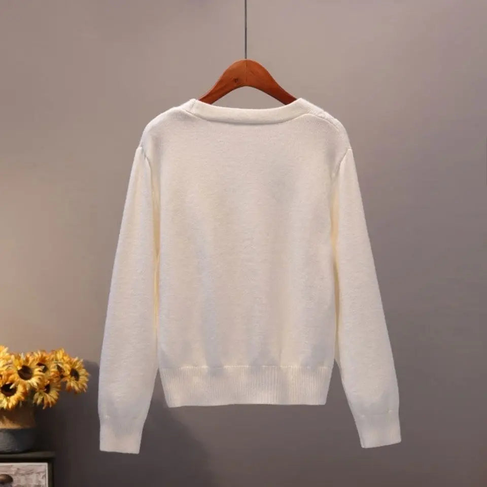 Sweater Cardigan Women Autumn Winter V Neck Pearl Single Breasted Loose Short Thicken Sweater Top nowadaysfashion
