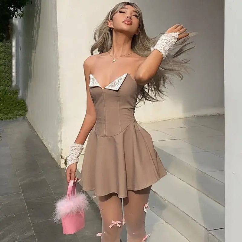 Sweet and spicy style V-neck low-cut slim A-line skirt - Blade & Thread