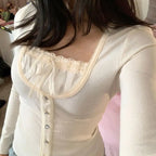Sweet Cute Crop Top Lace Frill Bow Pullovers Vintage Square Collar T Shirt nowadaysfashion