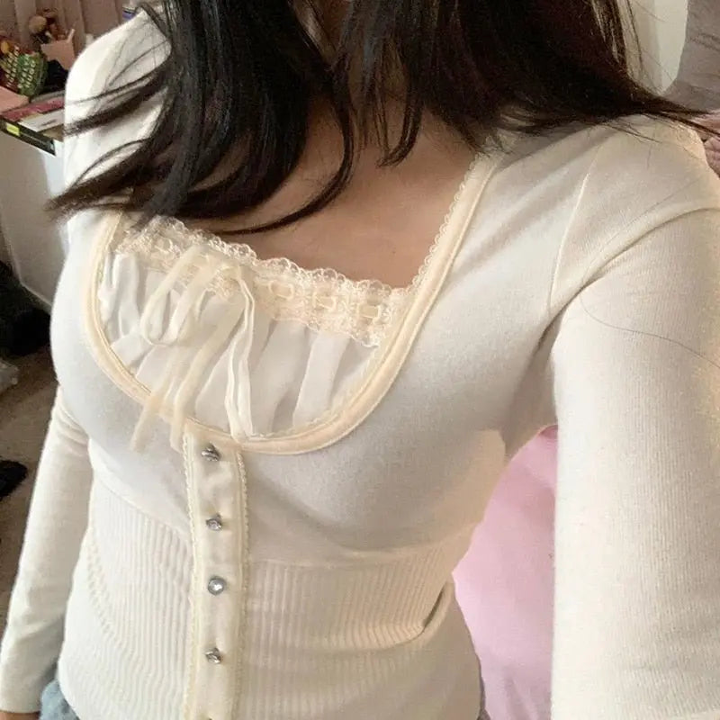 Sweet Cute Crop Top Lace Frill Bow Pullovers Vintage Square Collar T Shirt nowadaysfashion