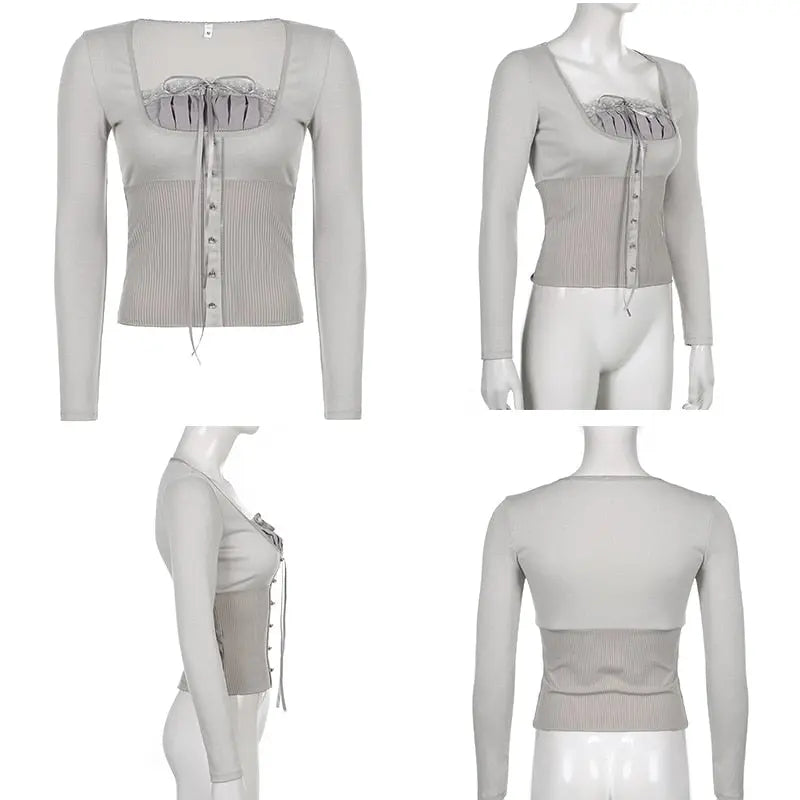 Sweet Cute Crop Top Lace Frill Bow Pullovers Vintage Square Collar T Shirt nowadaysfashion