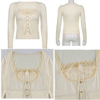 Sweet Cute Crop Top Lace Frill Bow Pullovers Vintage Square Collar T Shirt nowadaysfashion