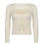 Sweet Cute Crop Top Lace Frill Bow Pullovers Vintage Square Collar T Shirt nowadaysfashion