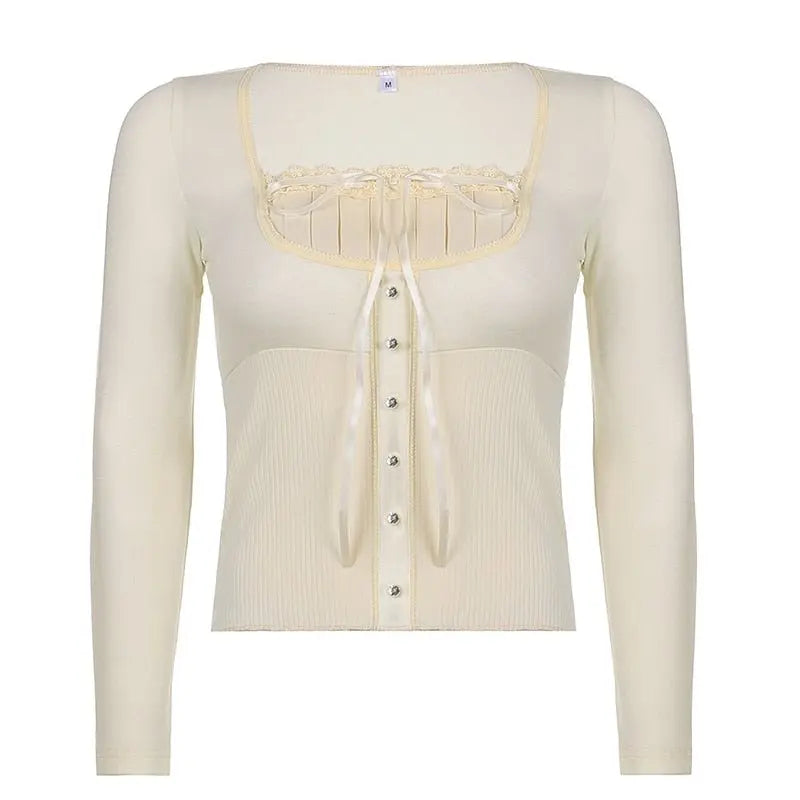 Sweet Cute Crop Top Lace Frill Bow Pullovers Vintage Square Collar T Shirt - Blade & Thread