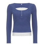 Sweet Cute Crop Top Lace Frill Bow Pullovers Vintage Square Collar T Shirt nowadaysfashion