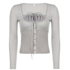 Sweet Cute Crop Top Lace Frill Bow Pullovers Vintage Square Collar T Shirt nowadaysfashion