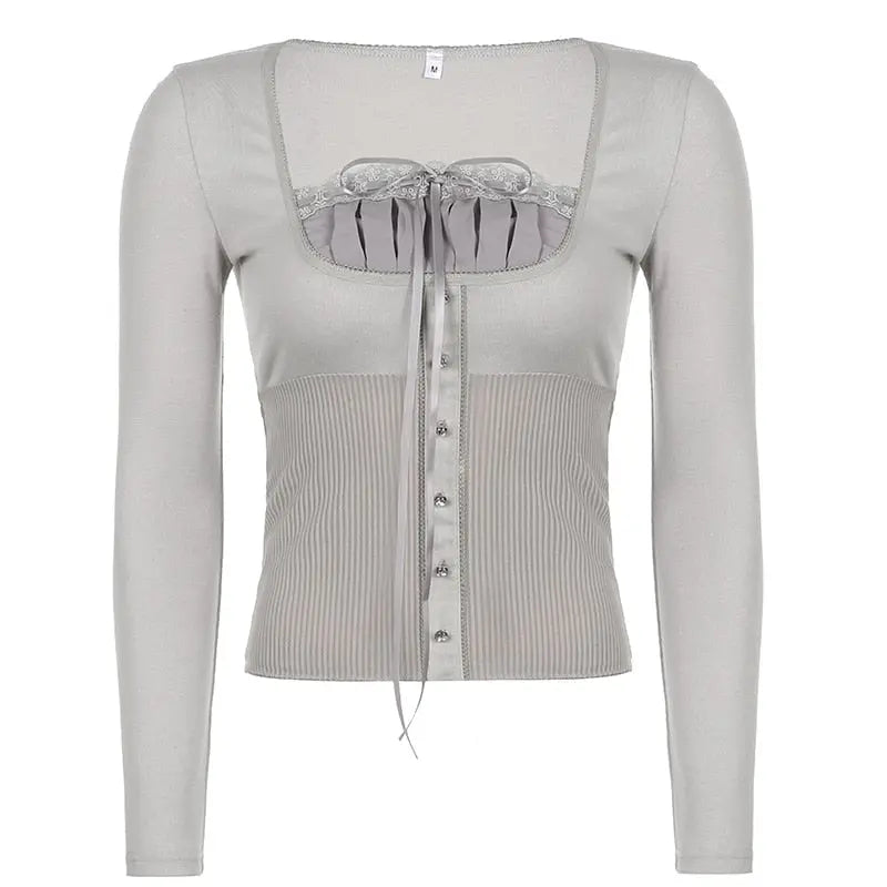 Sweet Cute Crop Top Lace Frill Bow Pullovers Vintage Square Collar T Shirt - Blade & Thread