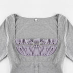 Sweet Cute Crop Top Lace Frill Bow Pullovers Vintage Square Collar T Shirt nowadaysfashion