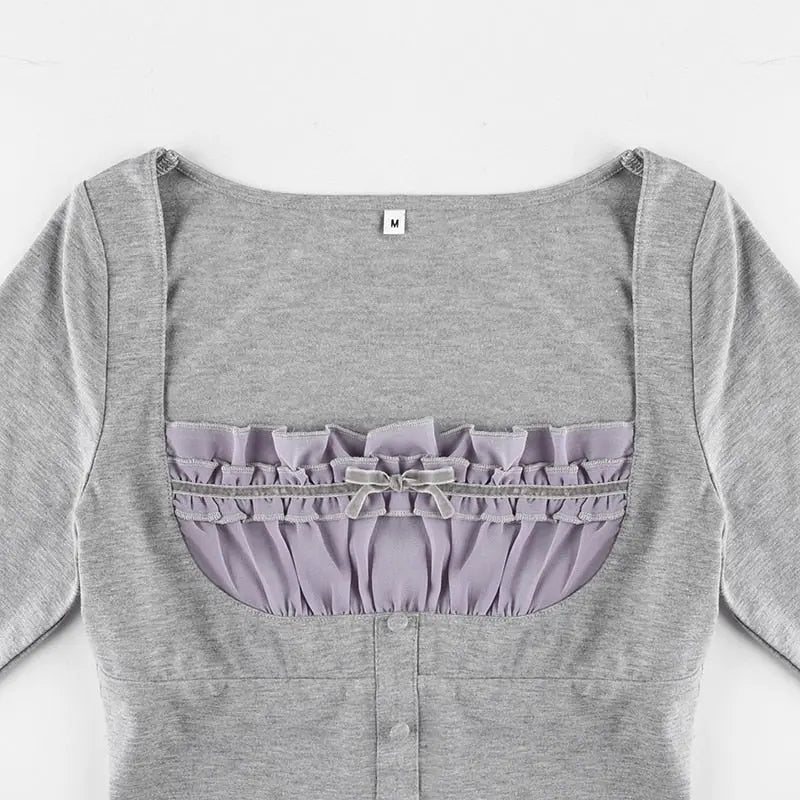 Sweet Cute Crop Top Lace Frill Bow Pullovers Vintage Square Collar T Shirt - Blade & Thread