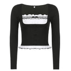 Sweet Cute Crop Top Lace Frill Bow Pullovers Vintage Square Collar T Shirt nowadaysfashion