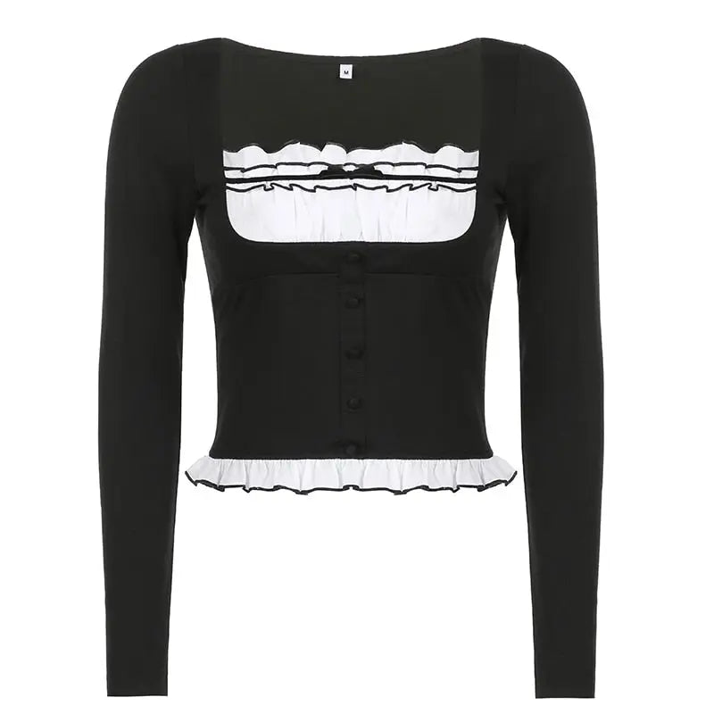 Sweet Cute Crop Top Lace Frill Bow Pullovers Vintage Square Collar T Shirt - Blade & Thread