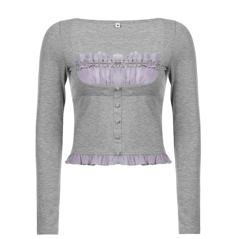 Sweet Cute Crop Top Lace Frill Bow Pullovers Vintage Square Collar T Shirt - Blade & Thread