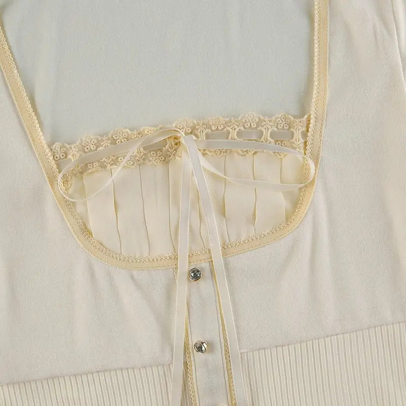 Sweet Cute Crop Top Lace Frill Bow Pullovers Vintage Square Collar T Shirt - Blade & Thread