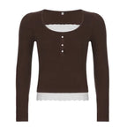 Sweet Cute Crop Top Lace Frill Bow Pullovers Vintage Square Collar T Shirt nowadaysfashion