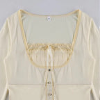 Sweet Cute Crop Top Lace Frill Bow Pullovers Vintage Square Collar T Shirt nowadaysfashion