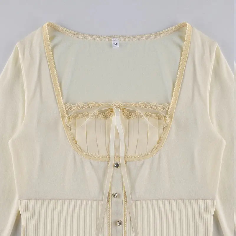 Sweet Cute Crop Top Lace Frill Bow Pullovers Vintage Square Collar T Shirt nowadaysfashion