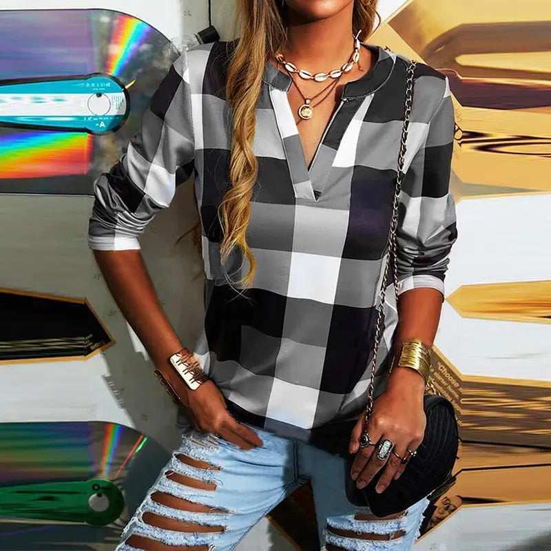 T-shirt Plaid Printed V-neck Long Sleeve Top Casual Loose Large Size Ladies T-shirt - Blade & Thread