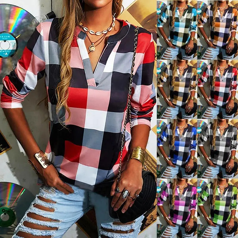 T-shirt Plaid Printed V-neck Long Sleeve Top Casual Loose Large Size Ladies T-shirt nowadaysfashion