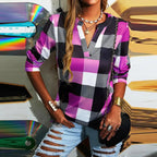 T-shirt Plaid Printed V-neck Long Sleeve Top Casual Loose Large Size Ladies T-shirt nowadaysfashion