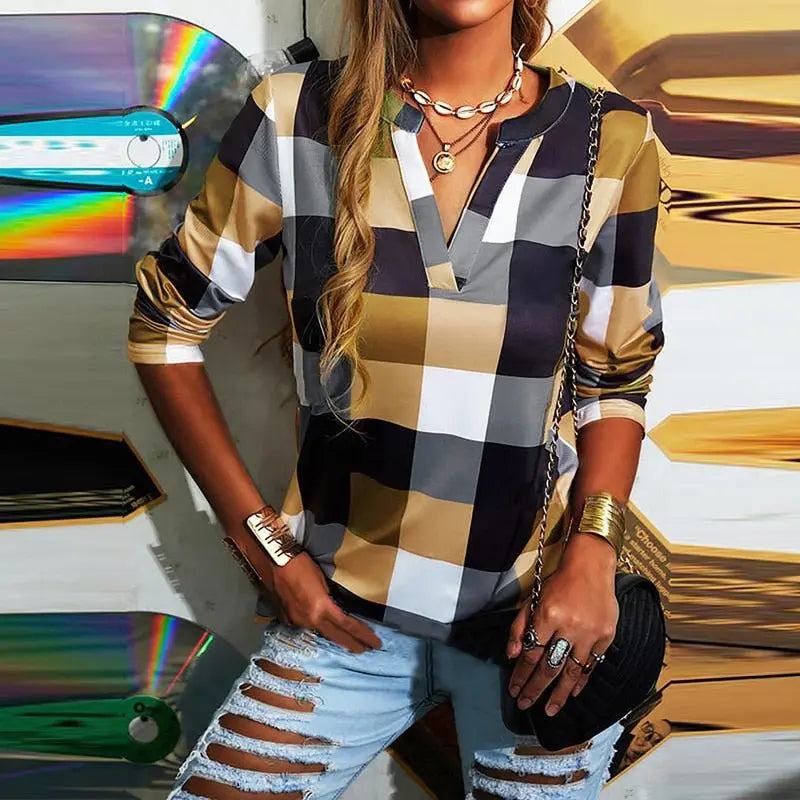 T-shirt Plaid Printed V-neck Long Sleeve Top Casual Loose Large Size Ladies T-shirt - Blade & Thread