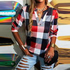 T-shirt Plaid Printed V-neck Long Sleeve Top Casual Loose Large Size Ladies T-shirt nowadaysfashion