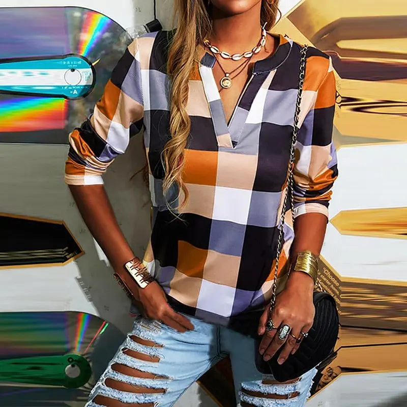 T-shirt Plaid Printed V-neck Long Sleeve Top Casual Loose Large Size Ladies T-shirt nowadaysfashion