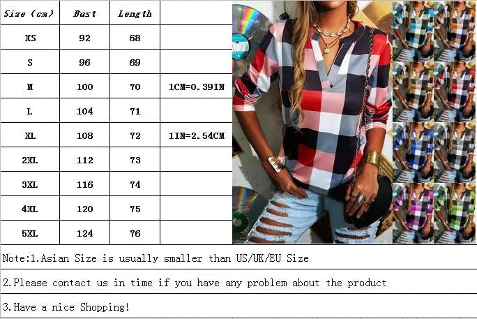 T-shirt Plaid Printed V-neck Long Sleeve Top Casual Loose Large Size Ladies T-shirt - Blade & Thread