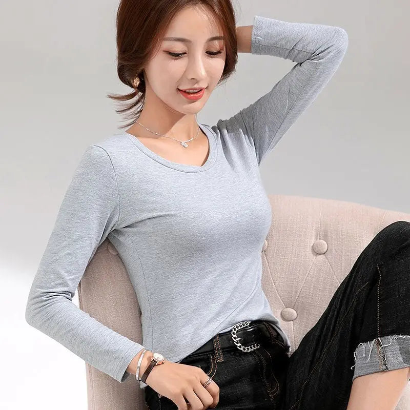 T-shirt Slim Pure Cotton 95% Women T-shirt Long-sleeved for Female Thin Tops Woman Tees Shirt - Blade & Thread
