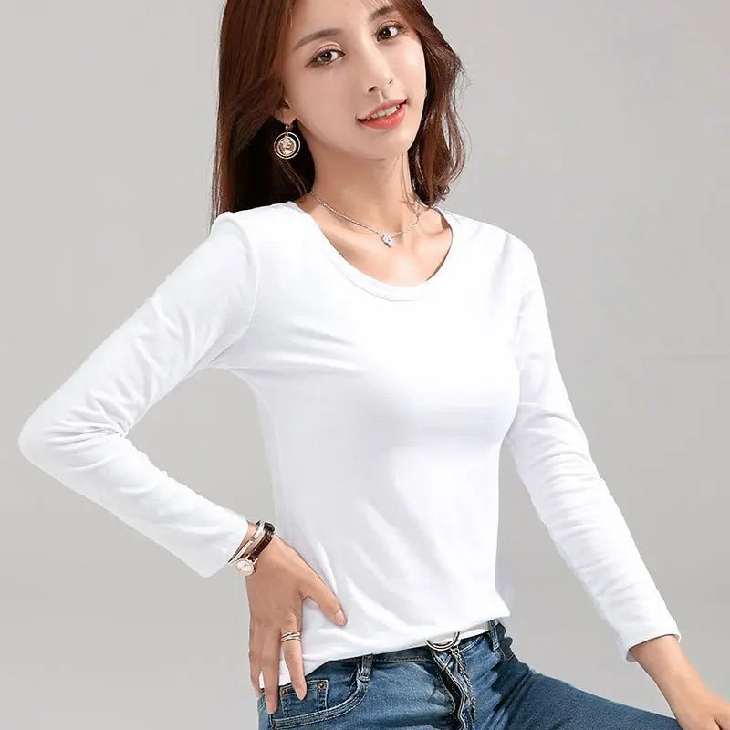T-shirt Slim Pure Cotton 95% Women T-shirt Long-sleeved for Female Thin Tops Woman Tees Shirt nowadaysfashion
