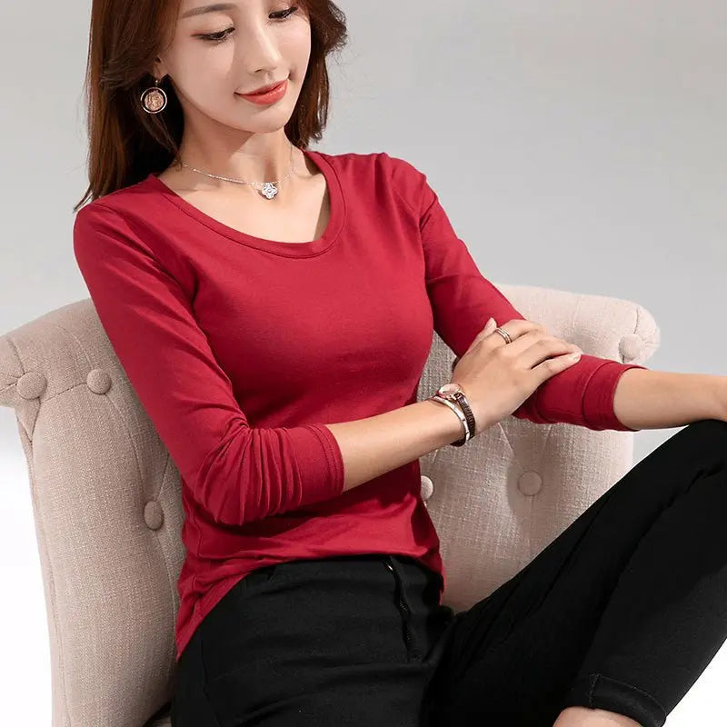 T-shirt Slim Pure Cotton 95% Women T-shirt Long-sleeved for Female Thin Tops Woman Tees Shirt - Blade & Thread