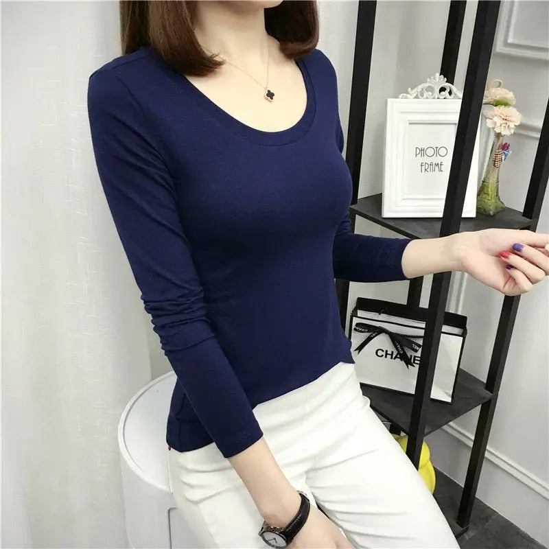 T-shirt Slim Pure Cotton 95% Women T-shirt Long-sleeved for Female Thin Tops Woman Tees Shirt - Blade & Thread