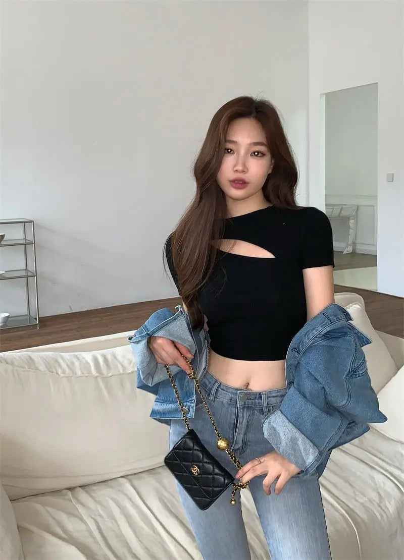 T Shirt Women Summer Hollow Crewneck Cropped Tops Irregular Tight Fitting Short Sleeve nowadaysfashion