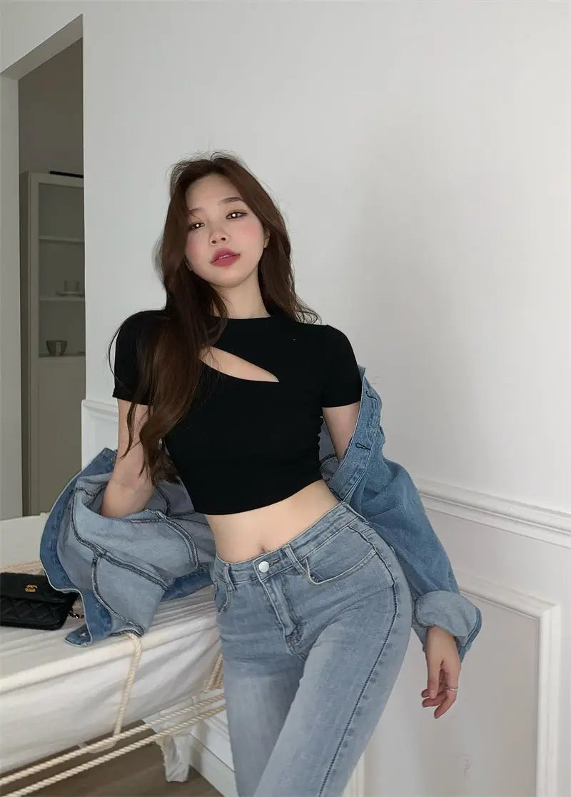 T Shirt Women Summer Hollow Crewneck Cropped Tops Irregular Tight Fitting Short Sleeve nowadaysfashion