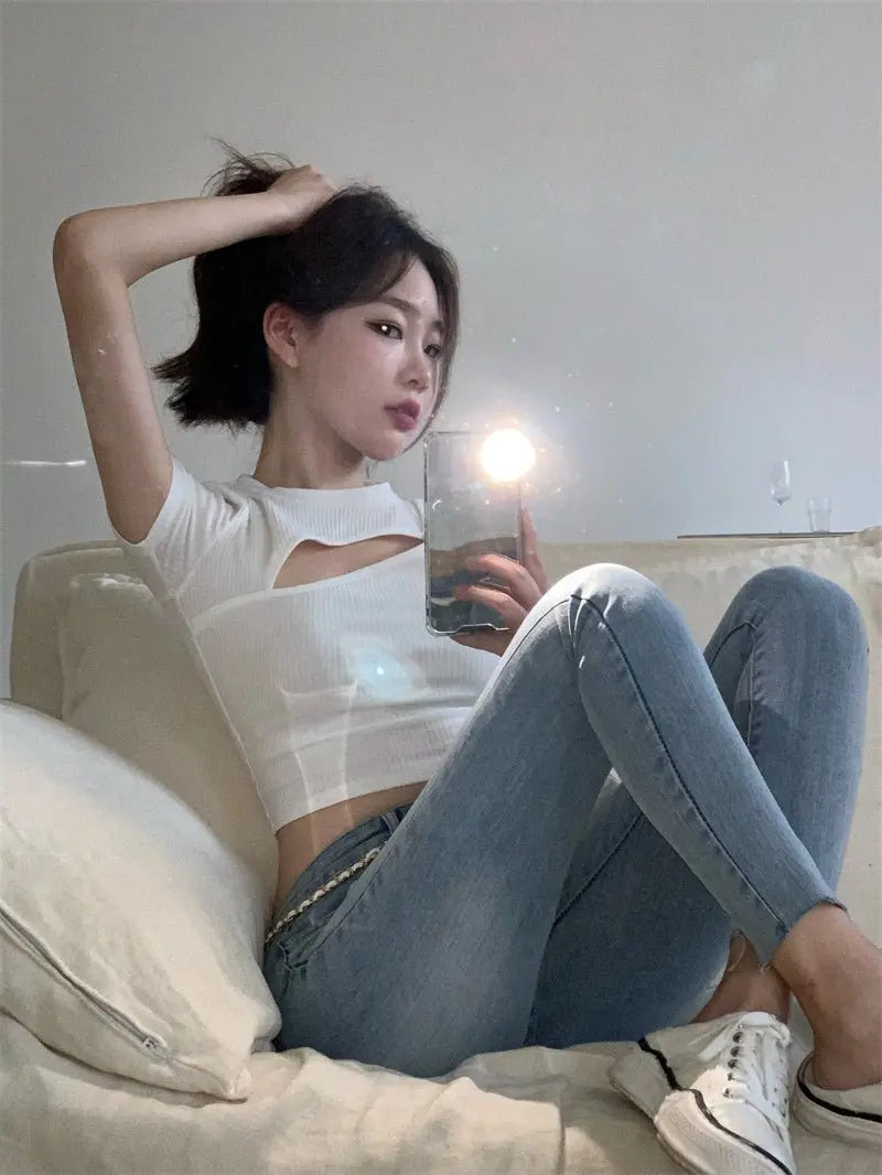 T Shirt Women Summer Hollow Crewneck Cropped Tops Irregular Tight Fitting Short Sleeve - Blade & Thread